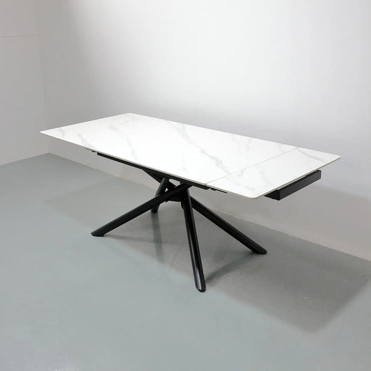 Matte Foldable Extendable White Rectangular Dining Table - Matte Sintered Stone Marsiling