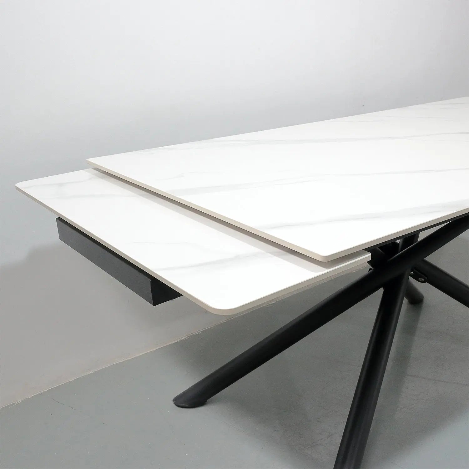 Matte Foldable Extendable White Rectangular Dining Table - Matte Sintered Stone Marsiling