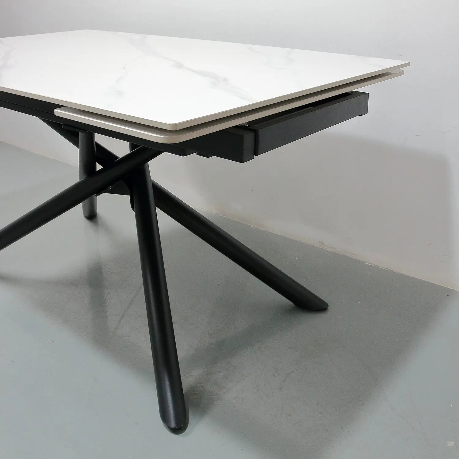 Matte Foldable Extendable White Rectangular Dining Table - Matte Sintered Stone Marsiling