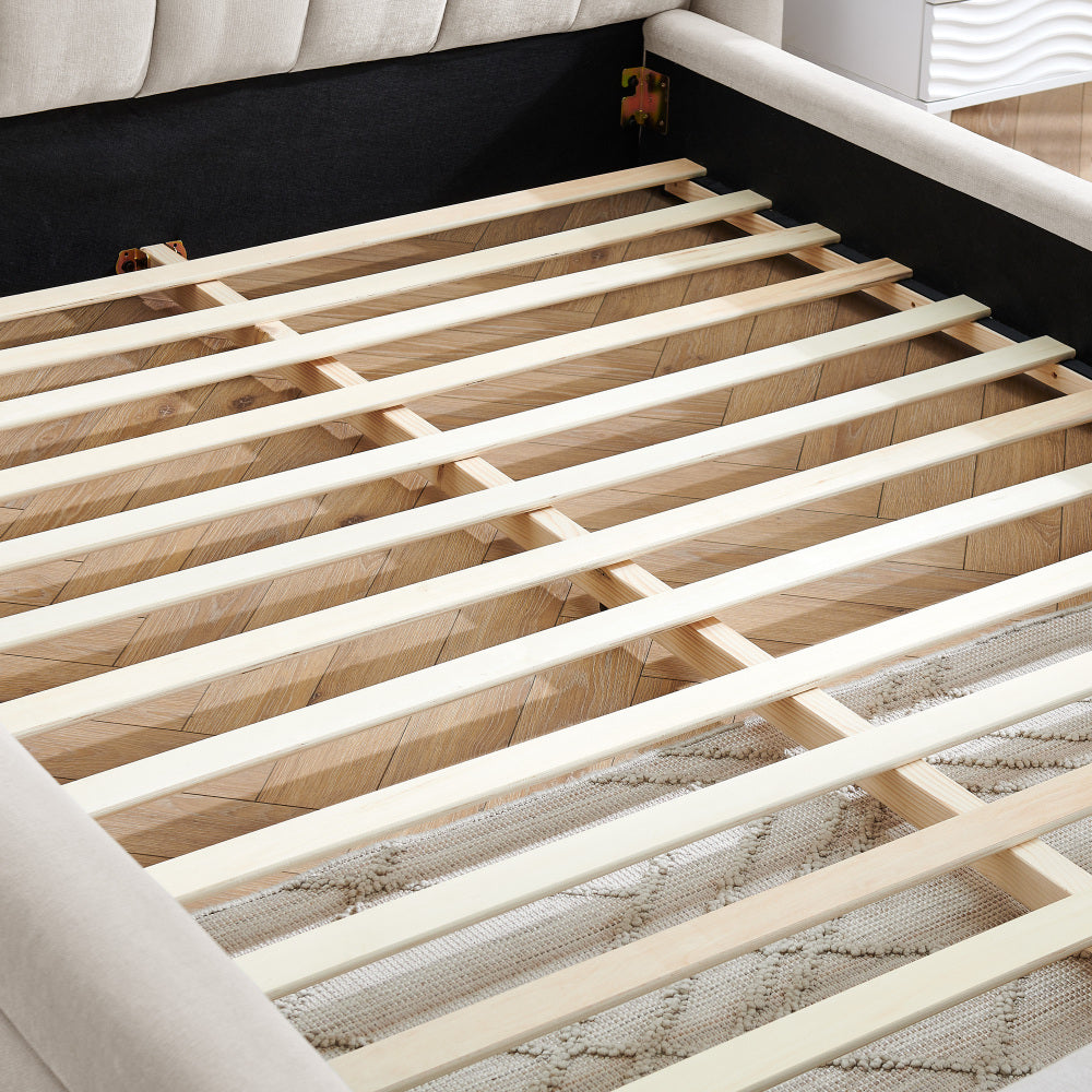 Queen Size Upholstered Bed Frame with Thick Fabric, Chenille Fabric Grounded Queen Size Platform Bed with Headboard and Solid Frame-Beige(87''*67''*23.5'')