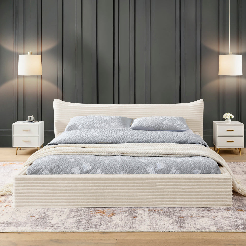 Queen Size Upholstered Bed Frame And velvet fabric,Grounded Platform Bed with Decorative Curved Headboard and Solid Wood Frame, No Box Spring Required-Beige(68''*87.75''*24.25'')