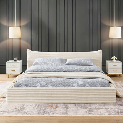 Queen Size Upholstered Bed Frame And velvet fabric,Grounded Platform Bed with Decorative Curved Headboard and Solid Wood Frame, No Box Spring Required-Beige(68''*87.75''*24.25'')