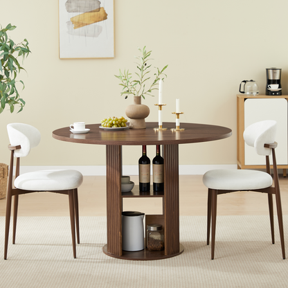 47.24" Round Dining Table (Serves 2–4) with 2 Dining Chairs Blends modern and farmhouse styles, featuring a double-tiered storage shelf, suitable for dining rooms or living spaces.Walnut