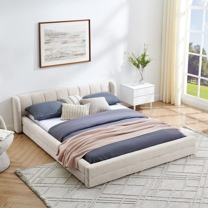 Queen Size Upholstered Bed Frame with Thick Fabric, Chenille Fabric Grounded Queen Size Platform Bed with Headboard and Solid Frame-Beige(87''*67''*23.5'')
