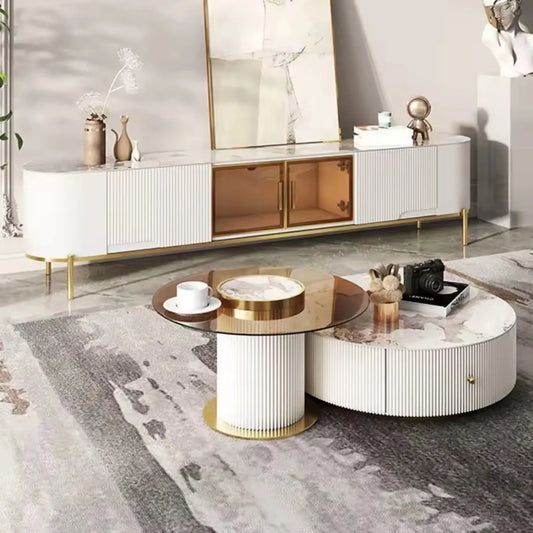 Luxury Sintered Stone Round Coffee Table Tempered Glass Side Table Living Room TV Cabinet Combination Marsiling