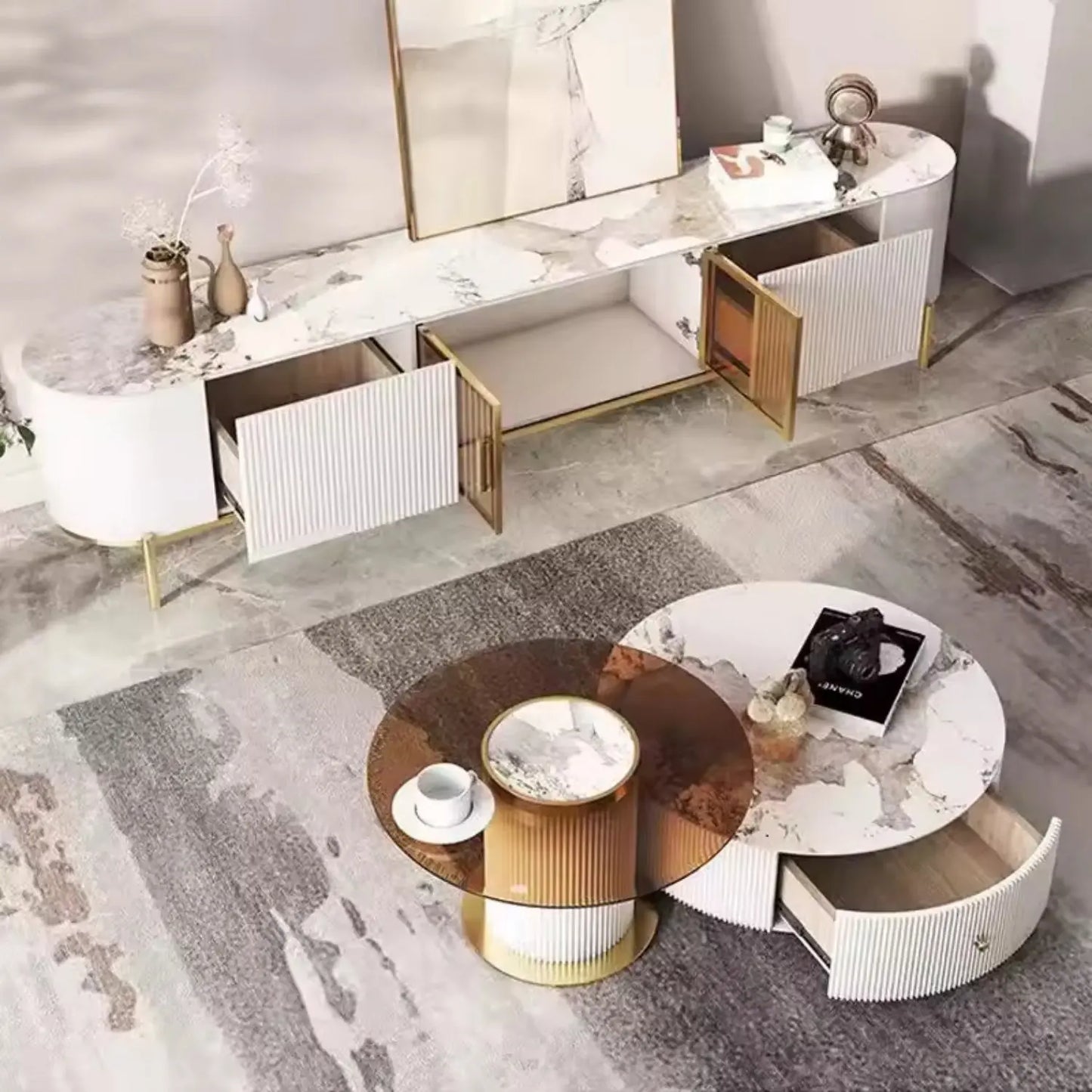 Luxury Sintered Stone Round Coffee Table Tempered Glass Side Table Living Room TV Cabinet Combination Marsiling