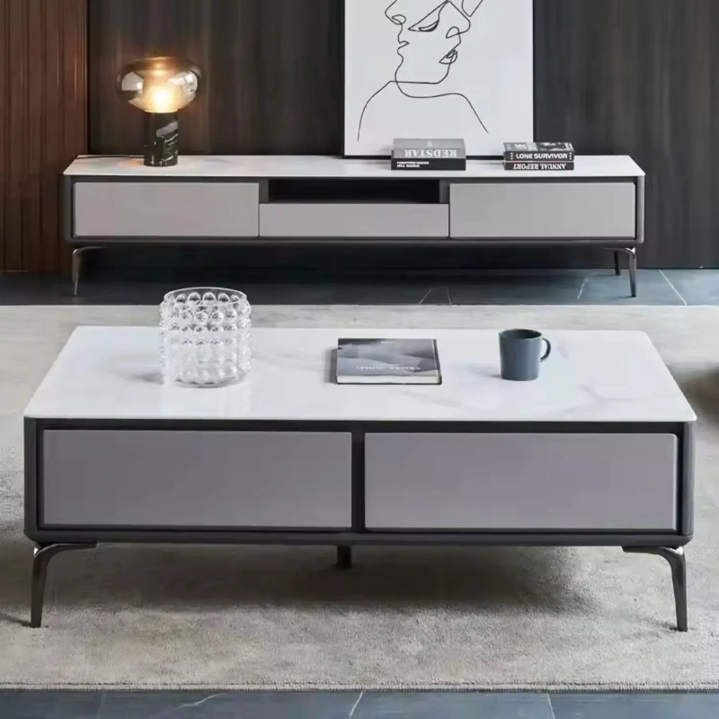 Luxury TV Unit Cabinets Modern TV Stand and Coffee Table with Drawer for Living Room Furniture Marsiling