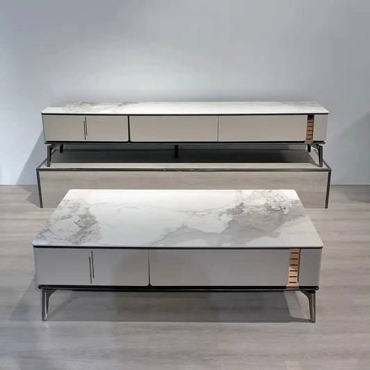 White Marble Style TV Stands Wood Furniture Living Room White Modern TV Cabinet Table with Metal Leg Marsiling