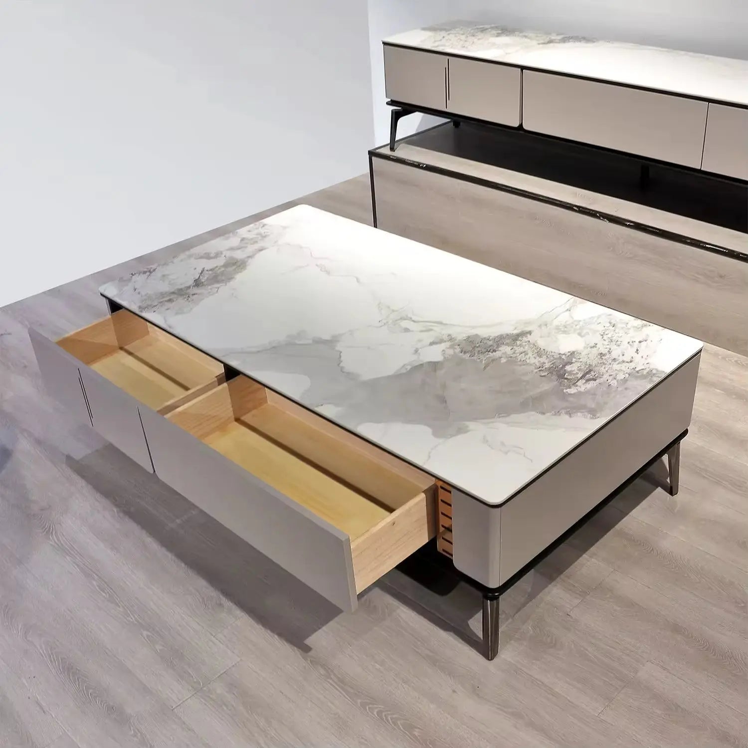 White Marble Style TV Stands Wood Furniture Living Room White Modern TV Cabinet Table with Metal Leg Marsiling