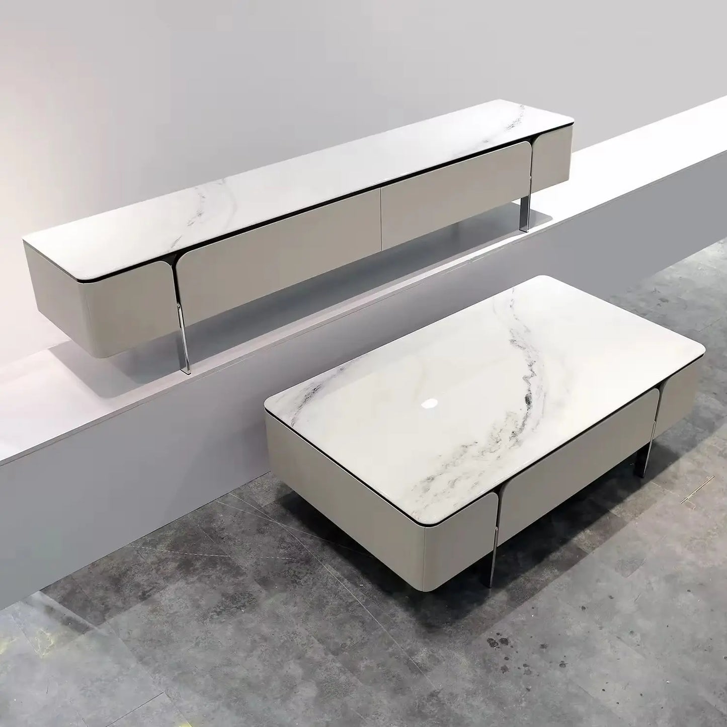 Popular Home Living Room Bedroom Modern Furniture Microlite Top Coffee Table TV Stand Set Marsiling