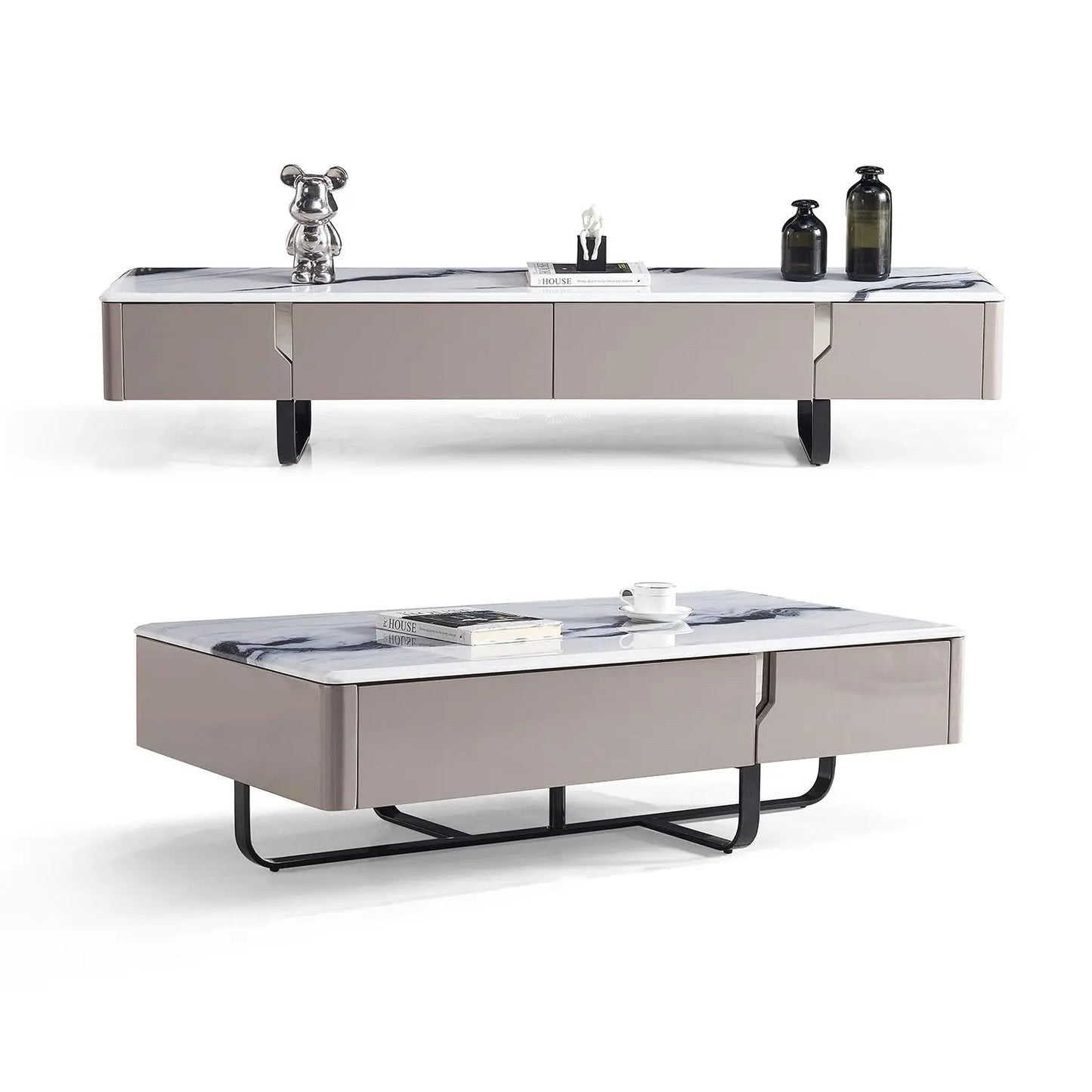 Modern Natural Marble Entertainment Center TV Table and Coffee Table Set for Living Room 2405 Marsiling Furniture