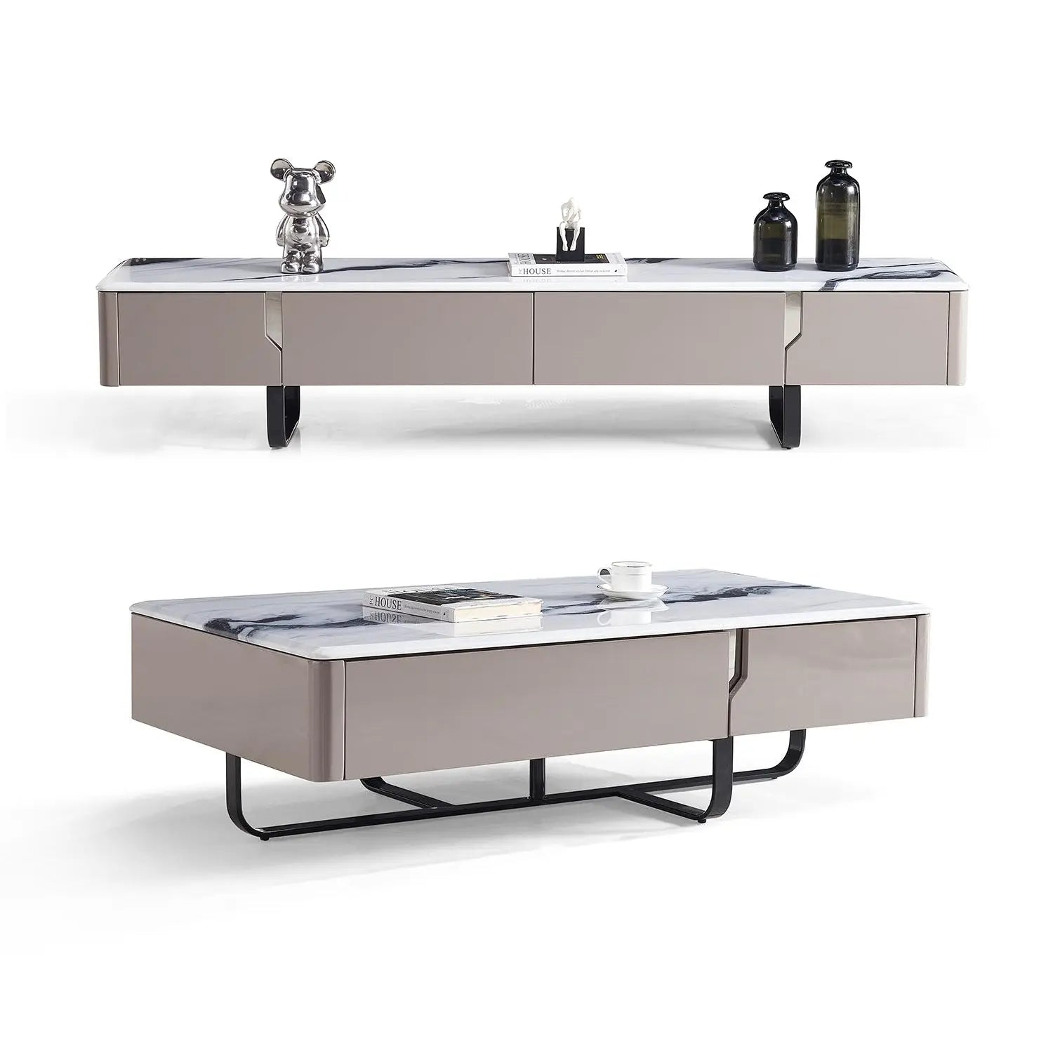Modern Natural Marble Entertainment Center TV Table and Coffee Table Set for Living Room 2405 Marsiling Furniture