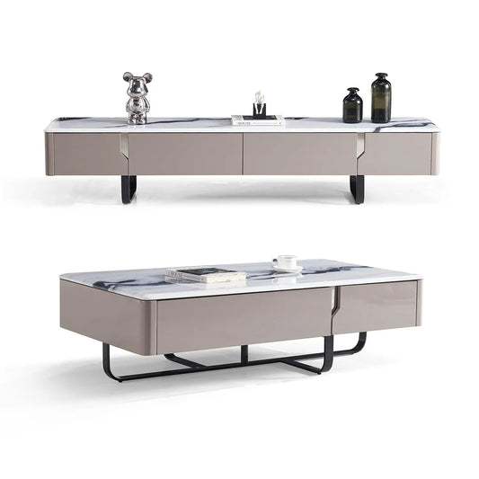 Modern Natural Marble Entertainment Center TV Table and Coffee Table Set for Living Room 2405 Marsiling Furniture